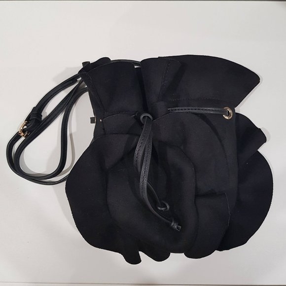 SEED Black Suede Like Ruffled Drawstring Bucket Bag - Picture 6 of 11